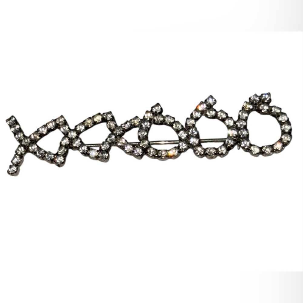 Vintage Silver‎ Tone XOXO Rhinestone Hugs and Kisses Brooch Pin